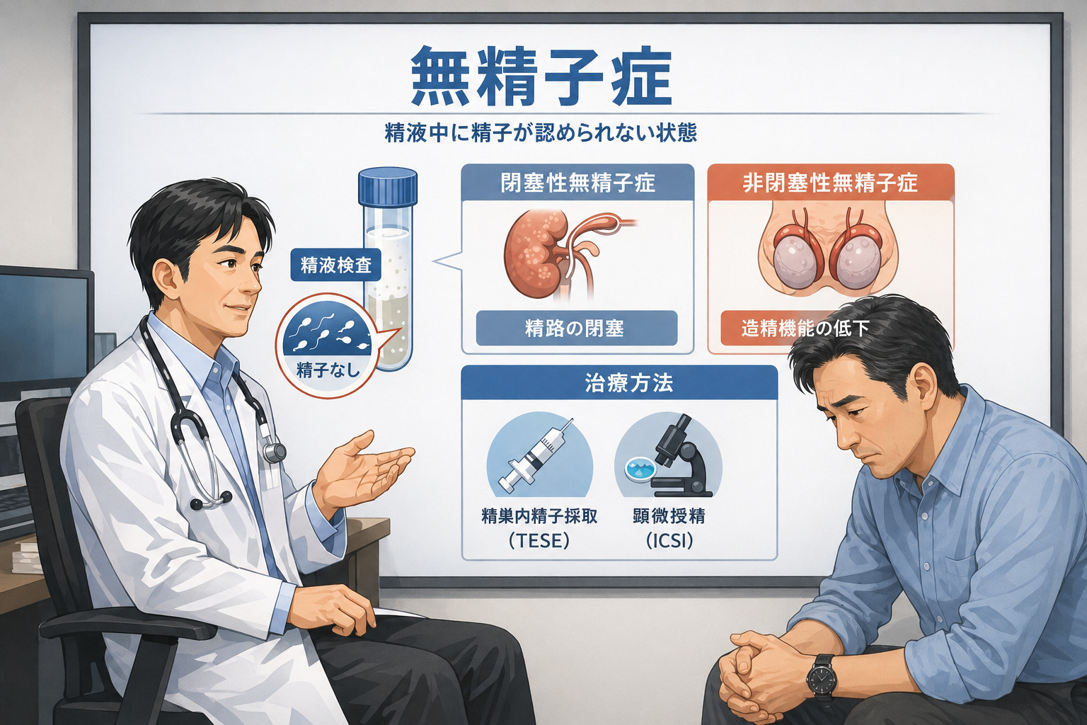 無精子症の検査とTESE ICSIについて医師から説明を受ける40代男性
