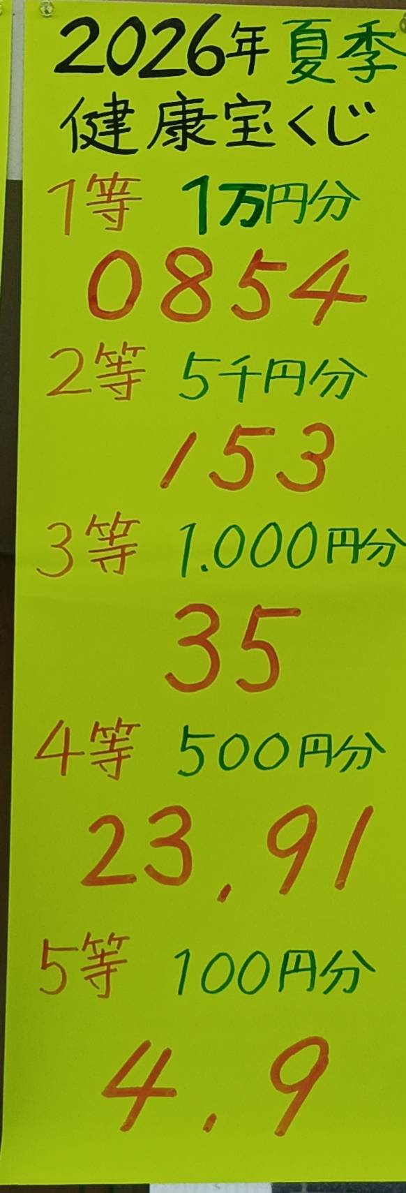 2026年夏季健康宝くじ 当選番号発表｜漢方相談スガヌマ薬局