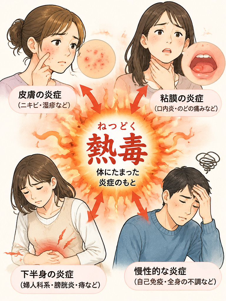 皮膚や粘膜などの不調を漢方の熱毒という考え方で紹介するイラスト