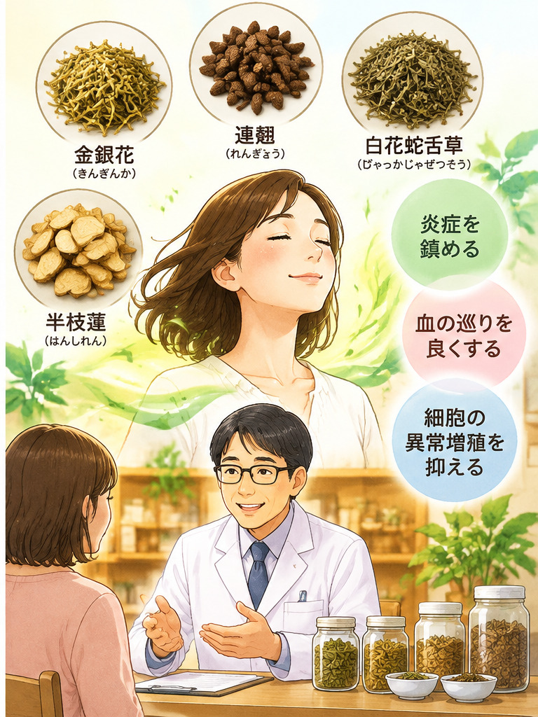植物素材と漢方薬剤師による相談のイメージイラスト